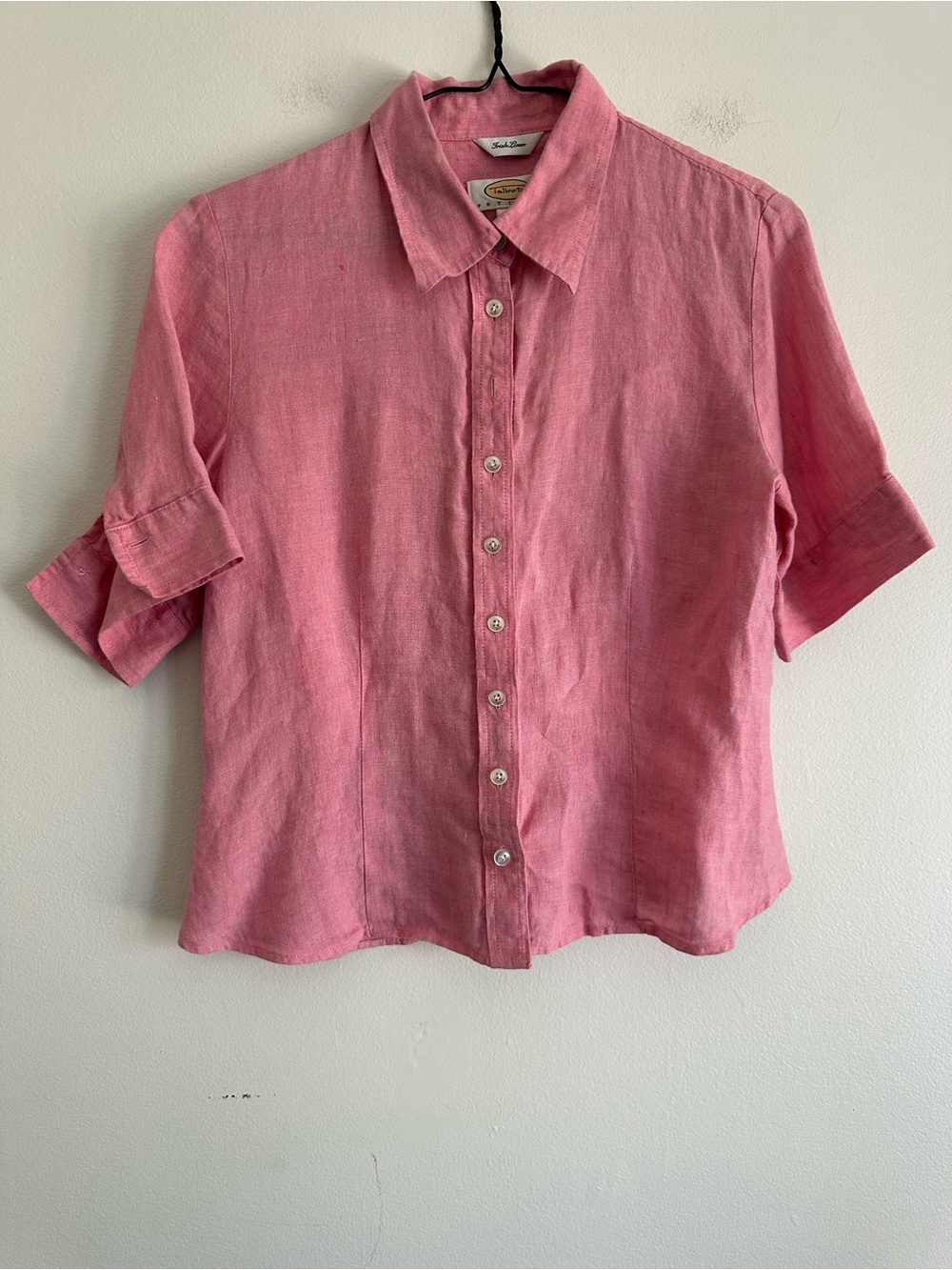 Talbots 100% Irish Linen Pink Short-Sleeve Button-Down Shirt Size 10 Petite